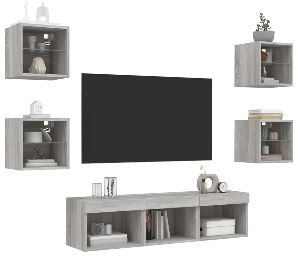 Mobili tv a muro con led 7pz grigio sonoma legno multistrato