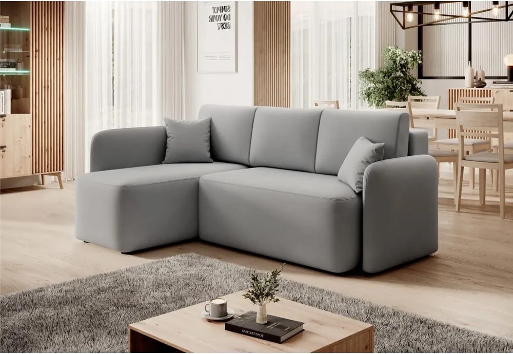 Divano angolare grigio chiaro allungabile/con contenitore (con penisola a sinistra/con chaise lounge) e rivestimento in velluto Hadson – ELTAP