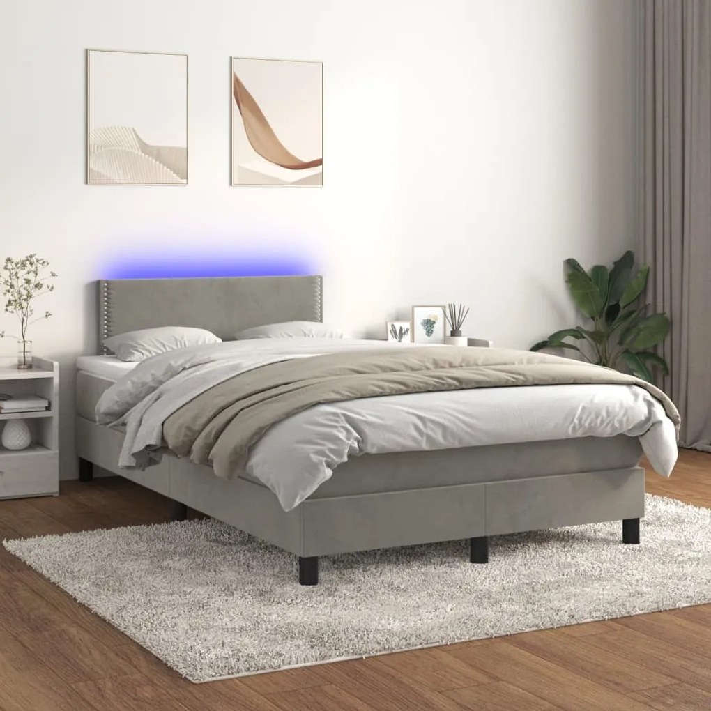 Letto a molle materasso e led grigio chiaro 120x200 cm velluto