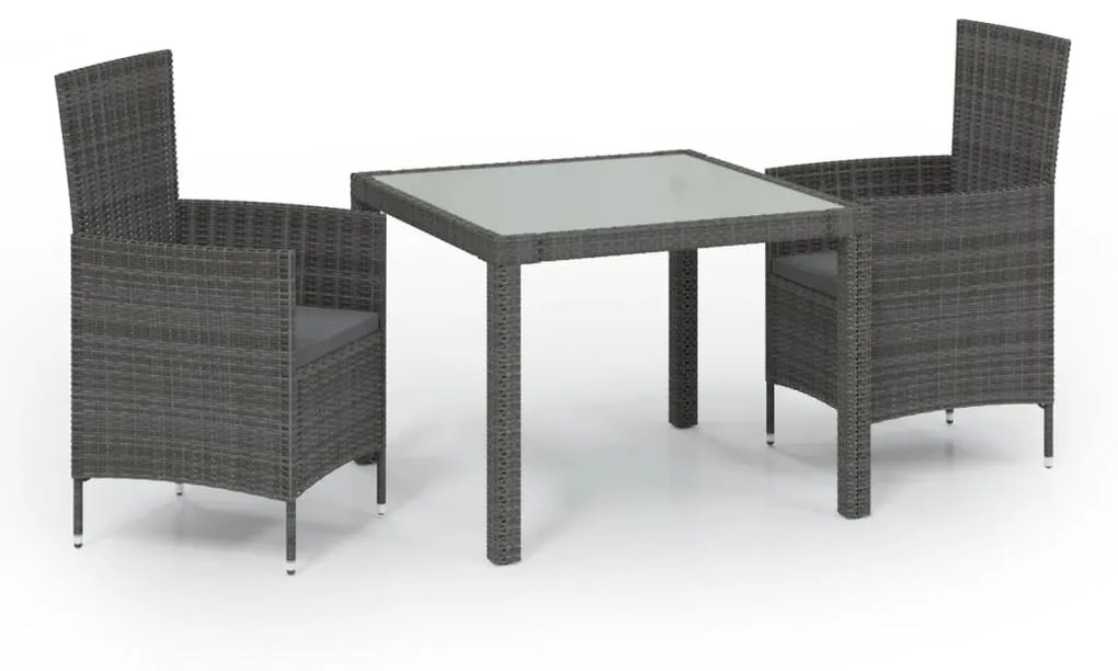 Set da pranzo per esterni 3 pz con cuscini in polyrattan grigio