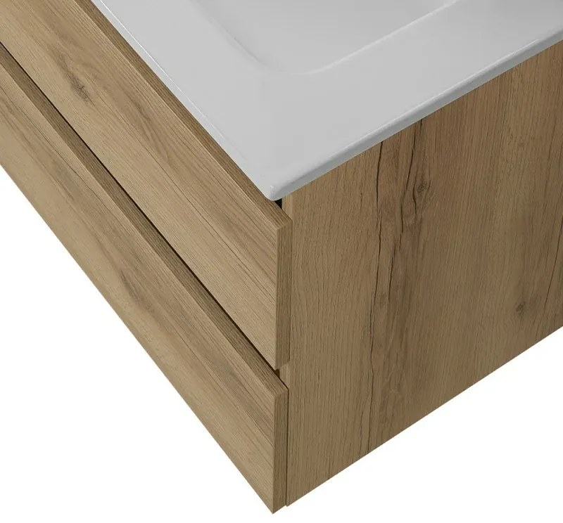 Mobile bagno sospeso 60cm in legno quercia naturale 2 cassettoni con lavabo e specchio Leda