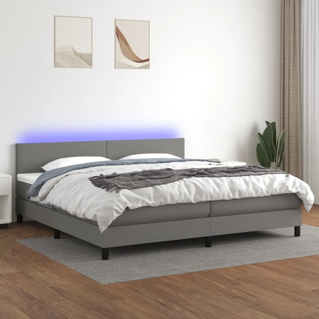 Letto a molle materasso e led grigio scuro 200x200cm in tessuto