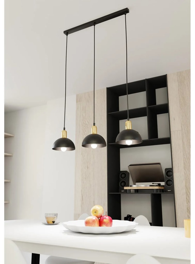 Lampadario 3 Luci Idunn In Acciaio Nero E Oro Diffusori A Cupola