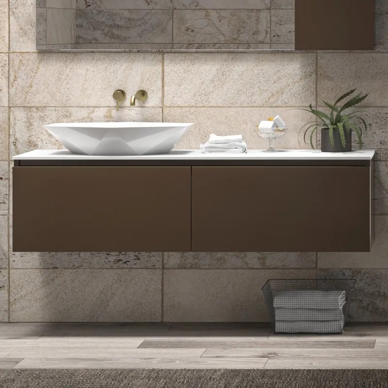 Mobile bagno sospeso 155 cm con piano da appoggio in solid surface bianco e doppio cassetto SP-155 - KAMALU
