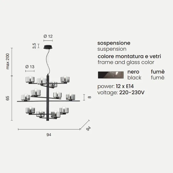 Lampada a sospensione FIGARO 94 cm a 12 luci in metallo con diffusori in vetro NERO