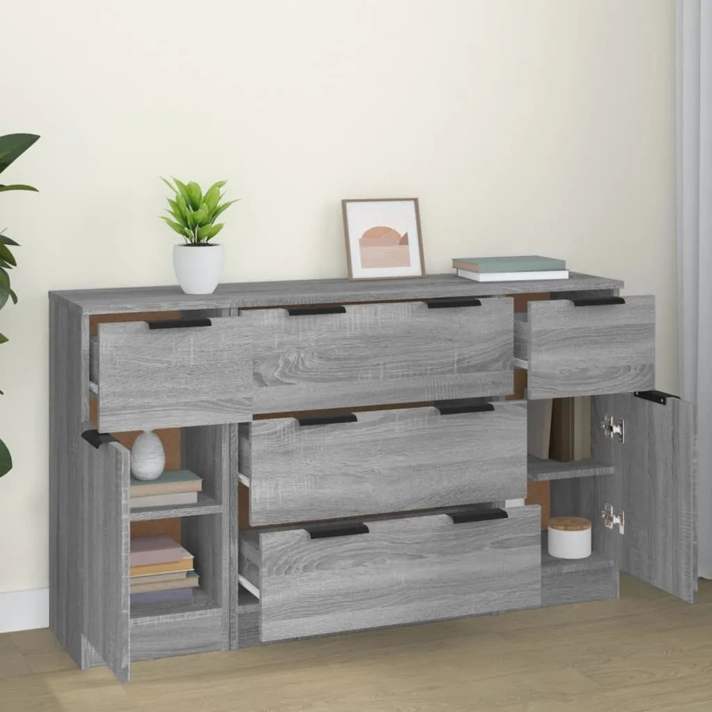 Set di credenze 3 pz grigio sonoma in legno multistrato