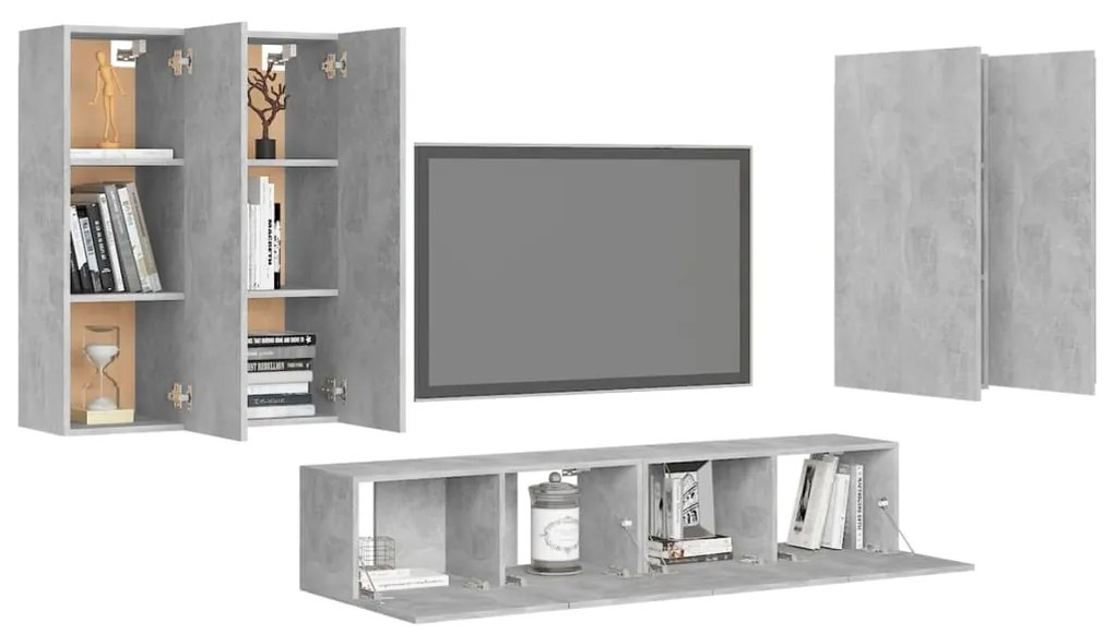 Set porta tv 6 pz grigio cemento in truciolato