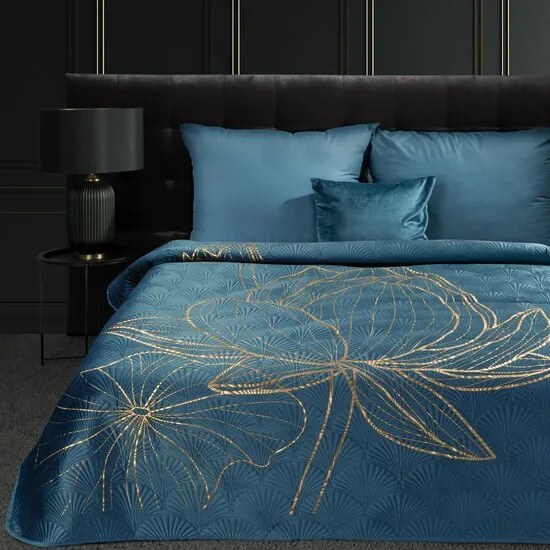 Copriletto di design LOTOS blu con motivo oro Larghezza: 170 cm | Lunghezza: 210 cm