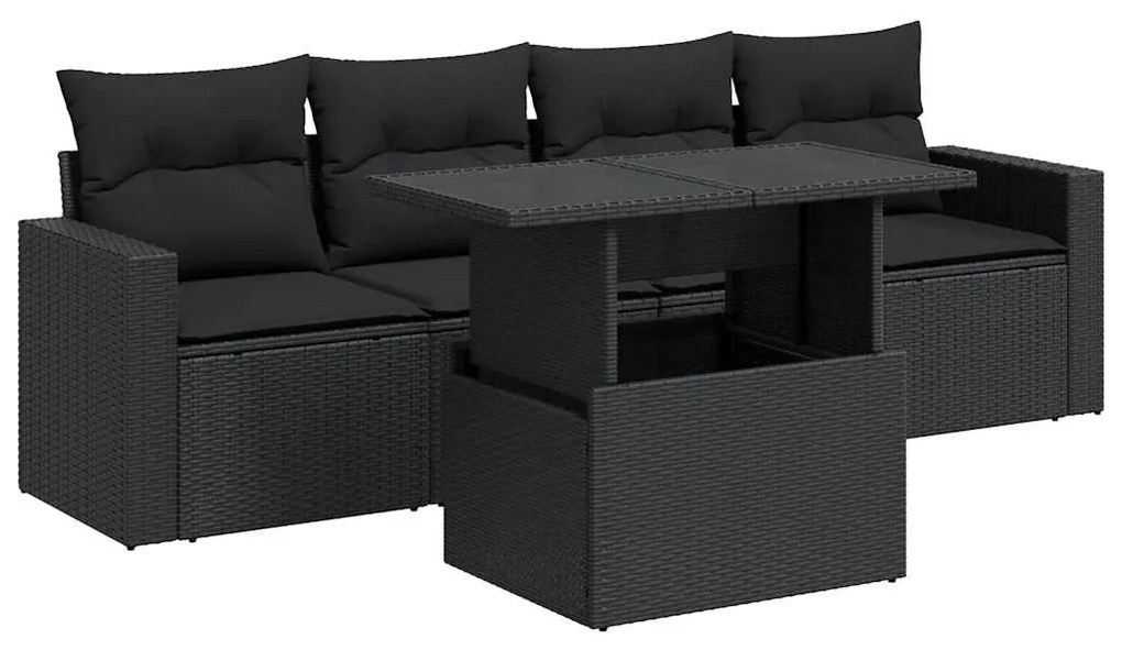 Set divani da giardino 5 pz con cuscini in polyrattan nero