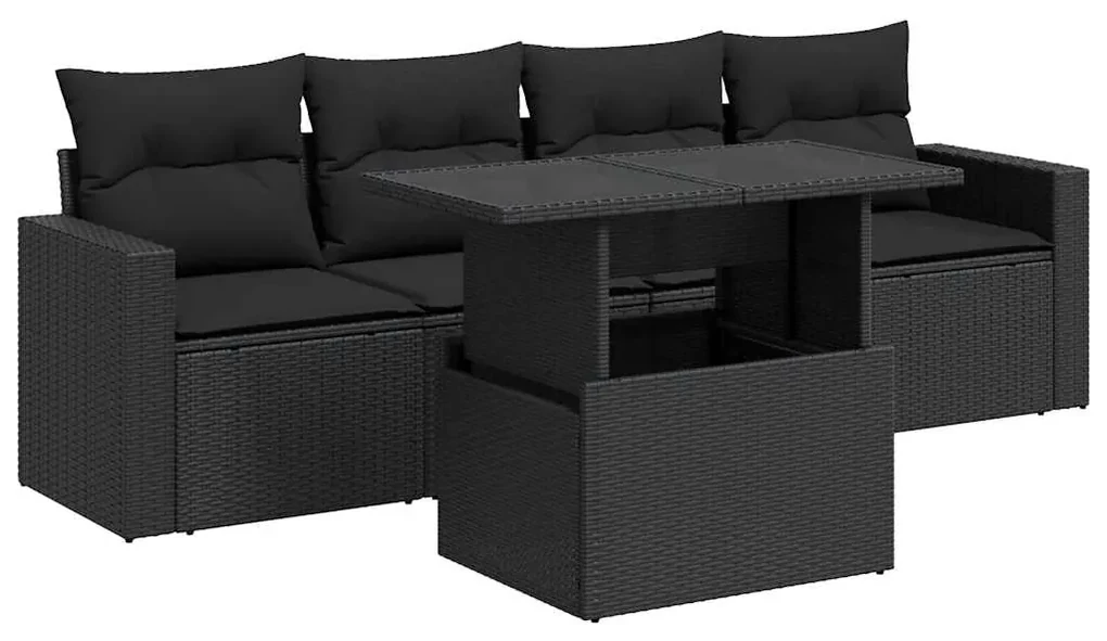Set divani da giardino 5 pz con cuscini in polyrattan nero