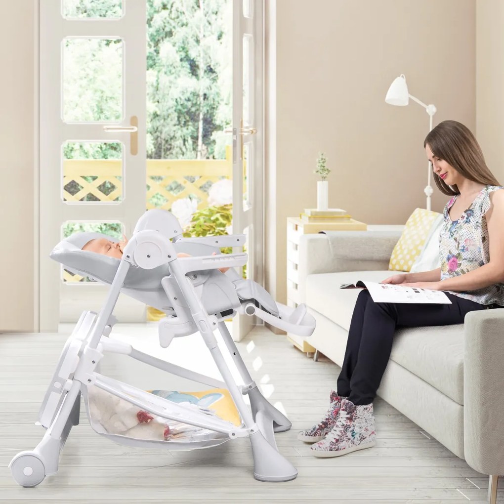 Costway Seggiolone per bambini con 2 ruote e vassoio rimovibile, Seggiolone pieghevole con cuscino smontabile Grigio