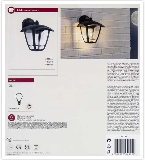 Paulmann 94392 - 1xE27/12W IP44 Applique da esterno CLASSIC 230V