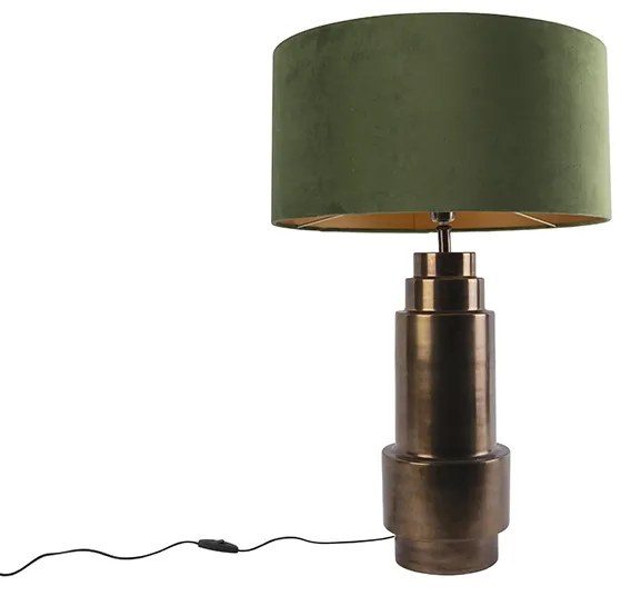 Lampada da tavolo Art Déco in bronzo con paralume in velluto verde e oro 50 cm - Bruut