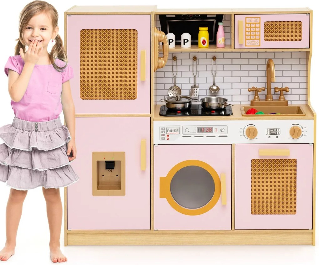 Costway Set cucina giocattolo per bambini con accessori ricchi e ante in rattan, Cucina in legno ideale per bambini da 3+ anni 2 Colori