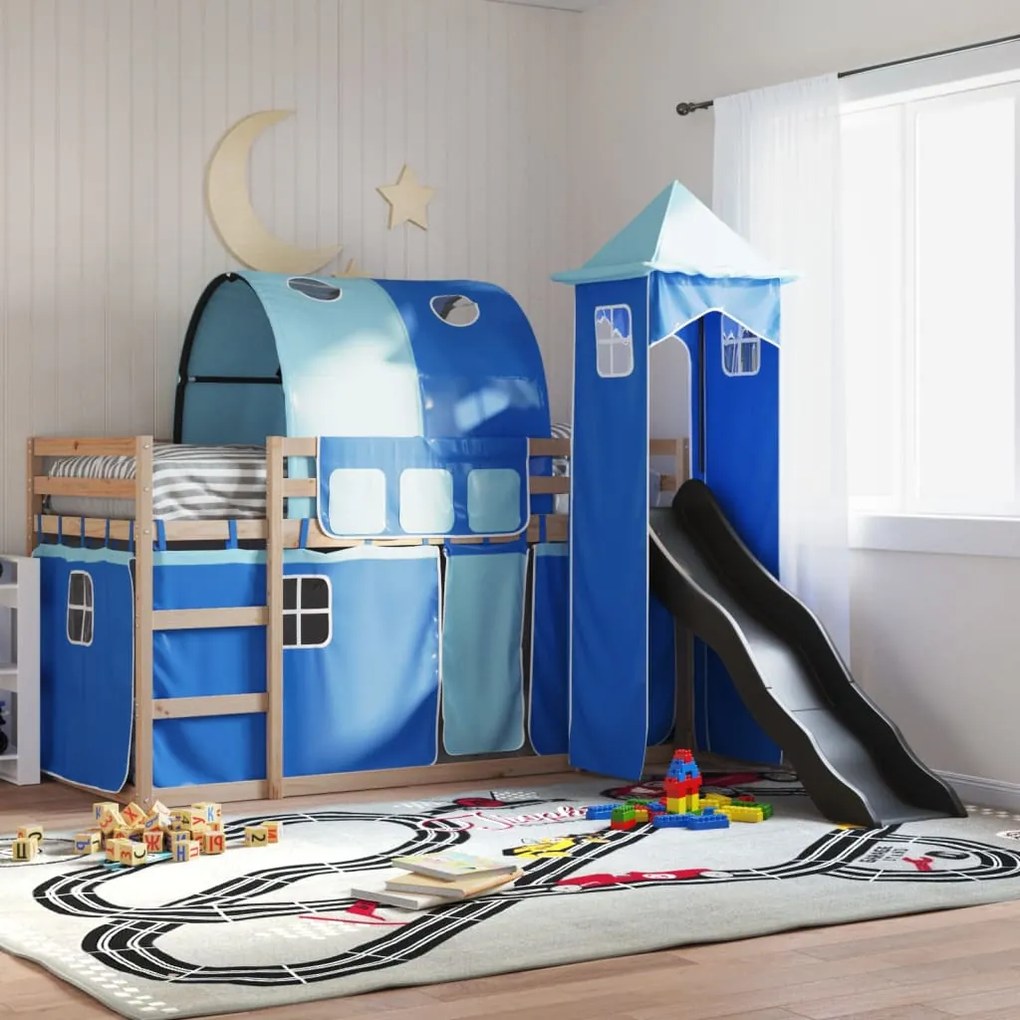 Letto A Castello Con Scivolo E Tende Blu 90x190 Cm /
