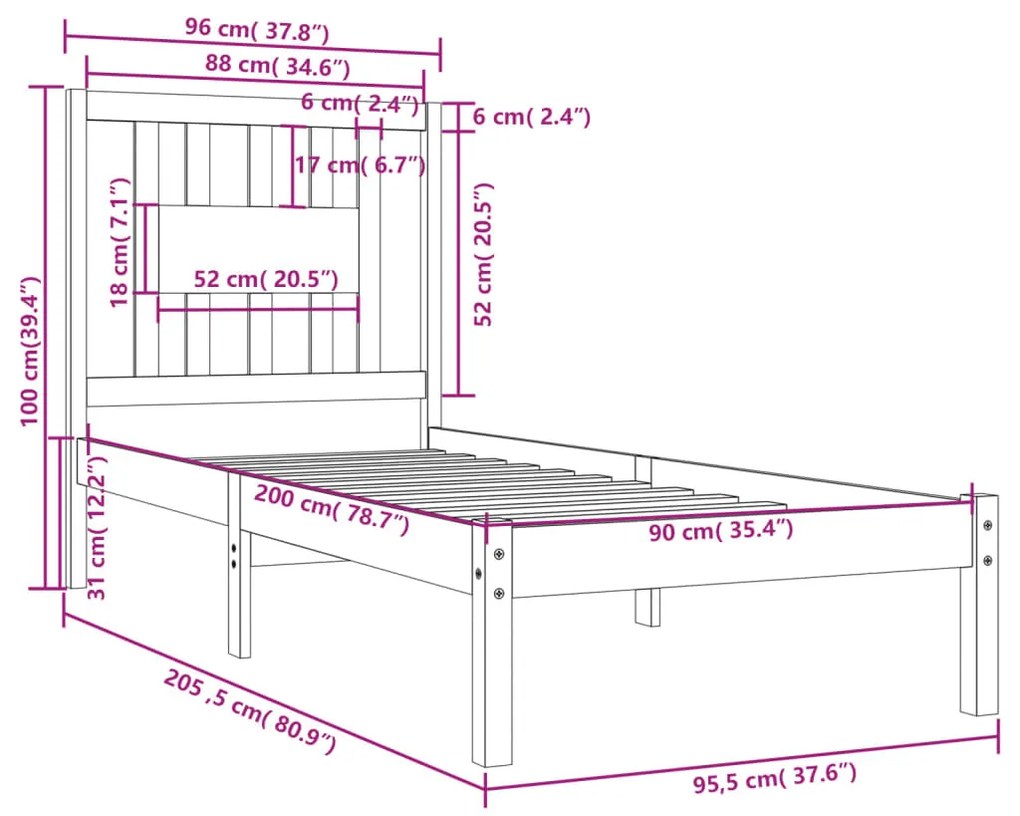 Giroletto Bianco in Legno Massello di Pino 90x200 cm