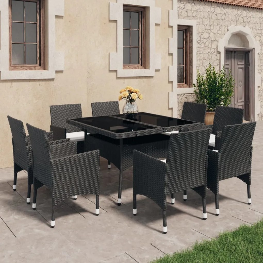 Set mobili da pranzo per giardino 9 pz polyrattan e vetro nero