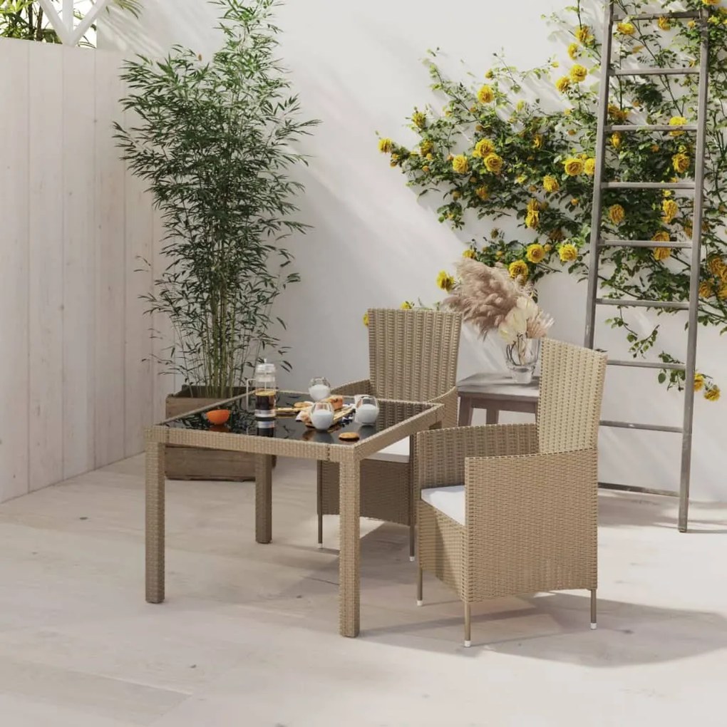 Set Mobili Da Giardino 3 Pz Con Cuscini İn Polyrattan Beige /