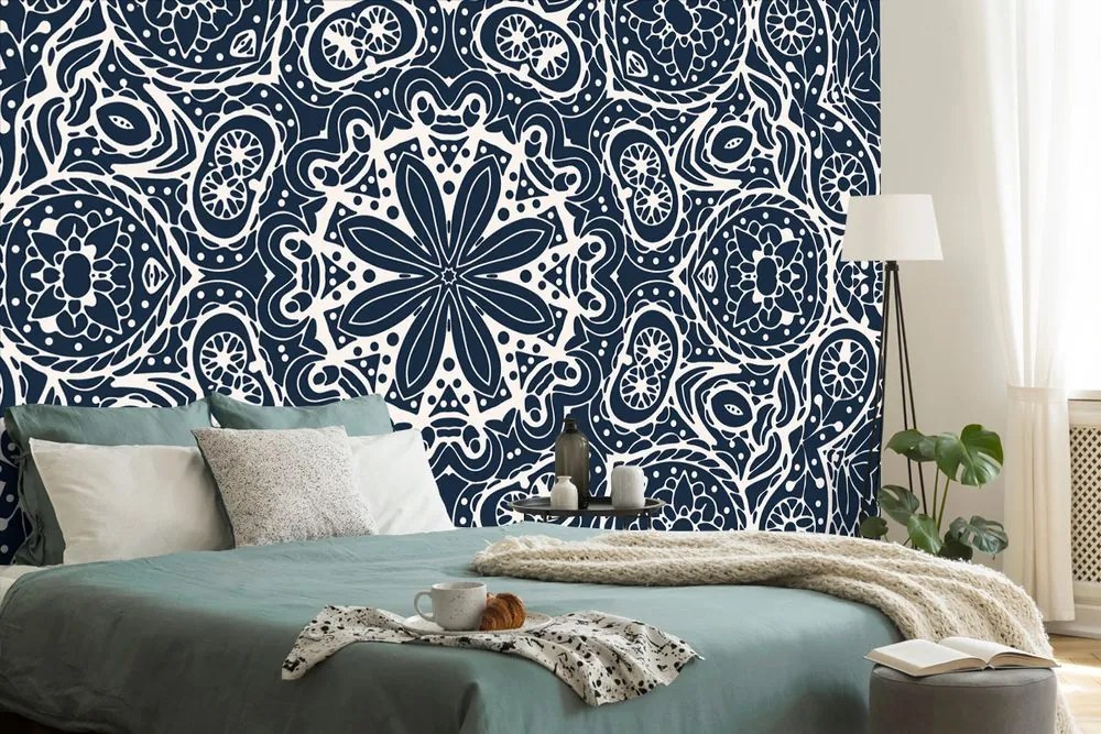 Carta da parati – Mandala bianca su sfondo blu
