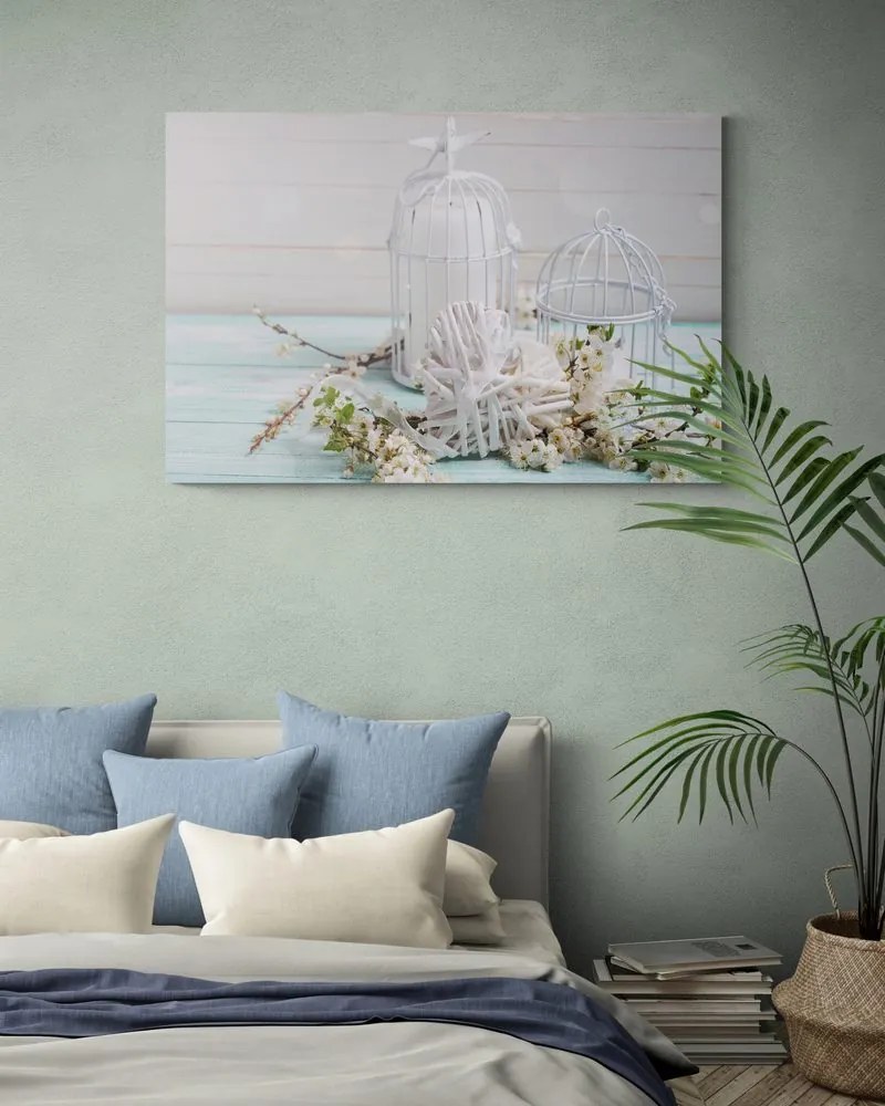 Quadro su tela – Ramo di ciliegio e lanterne bianche