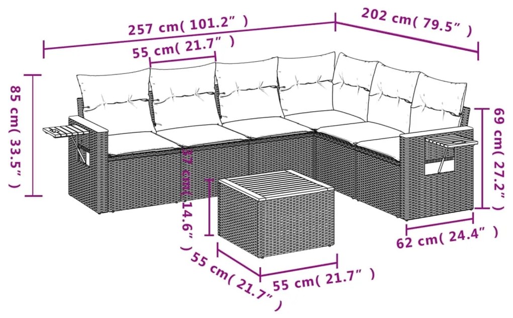 Set divani da giardino 7 pz con cuscini beige in polyrattan