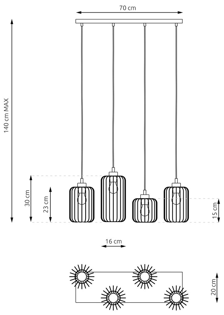 Sospensione Minimal Industrial Vander 4 Luci Lineari Nera