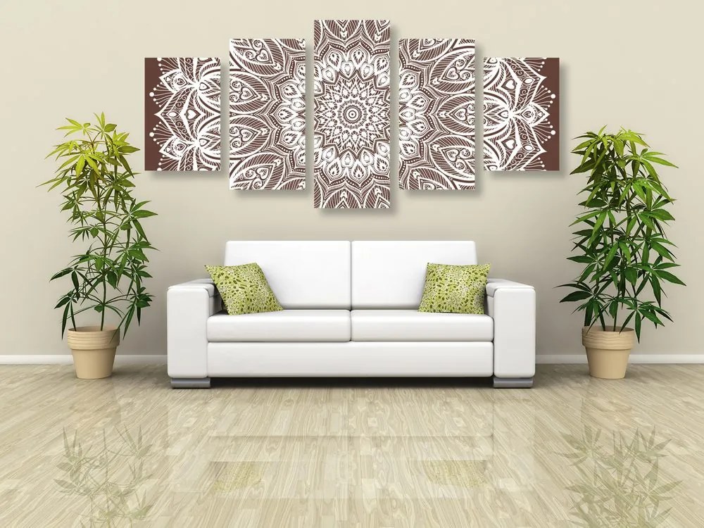Quadri 5 pezzi – Mandala armonia su sfondo marrone