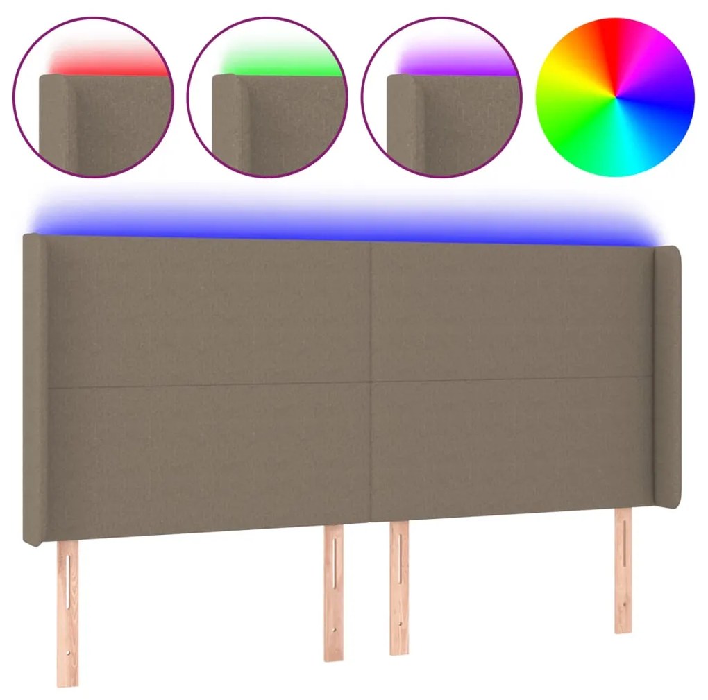 Testiera a led tortora 203x16x118/128 cm in tessuto