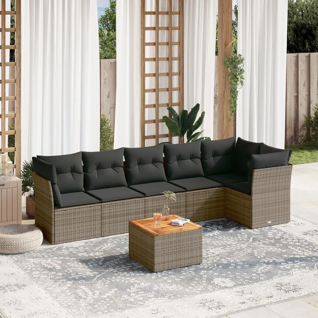 Set Divani da Giardino 7 pz con Cuscini Grigio in Polyrattan