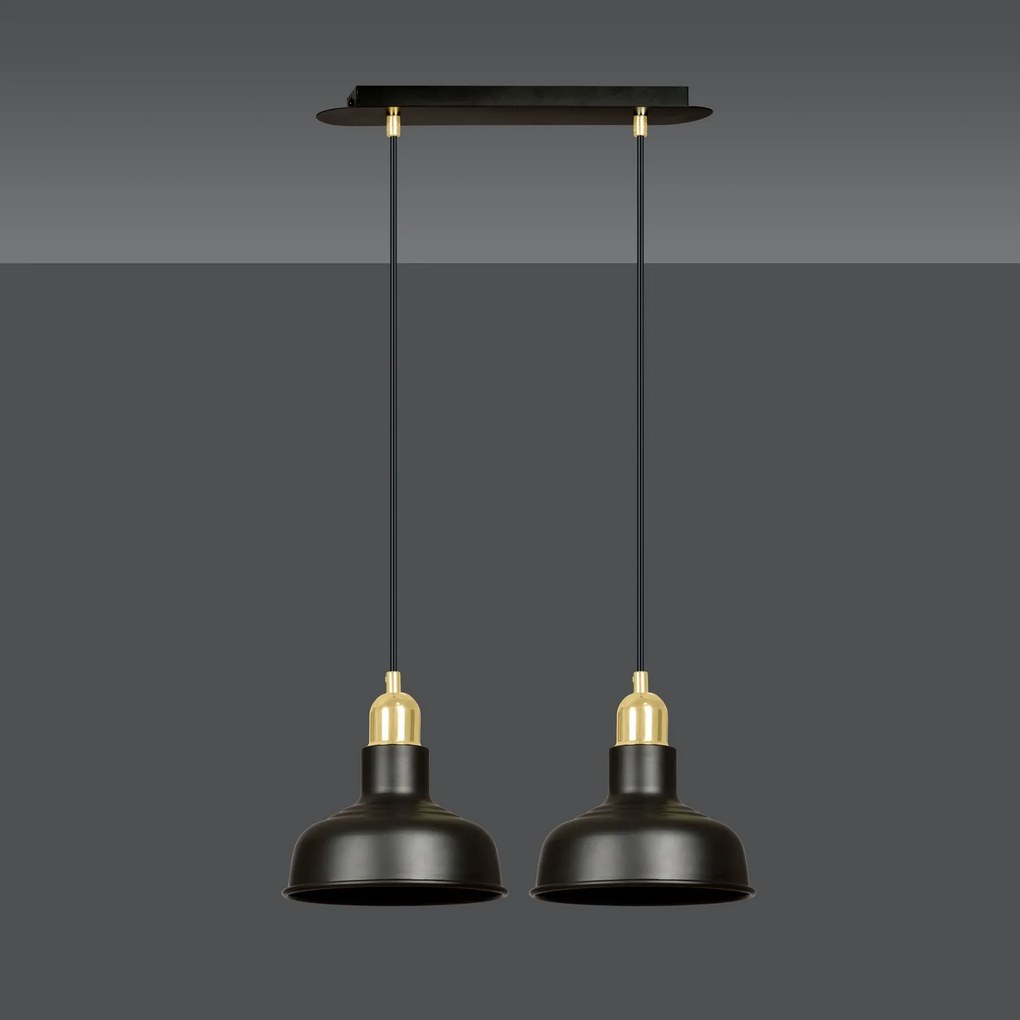 Lampadario Industrial 2 Luci Ibor In Acciaio Nero Con Elementi In Oro