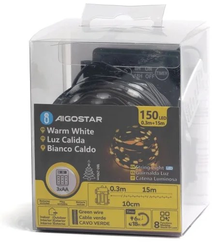 Aigostar - Catena luminosa LED da esterno 150 LED/8 funzioni 3x AA 15,3 m IP44 bianco caldo