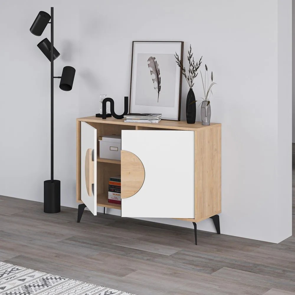Cassettiera bassa in rovere decorata in bianco e naturale 110x82 cm Vae - Marckeric