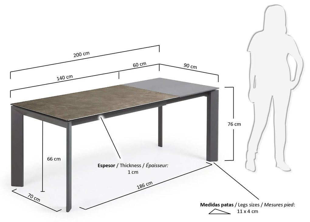 Kave Home - Tavolo allungabile Axis porcellanato Vulcano Ceniza e gambe acciaio antracite 140(200) cm