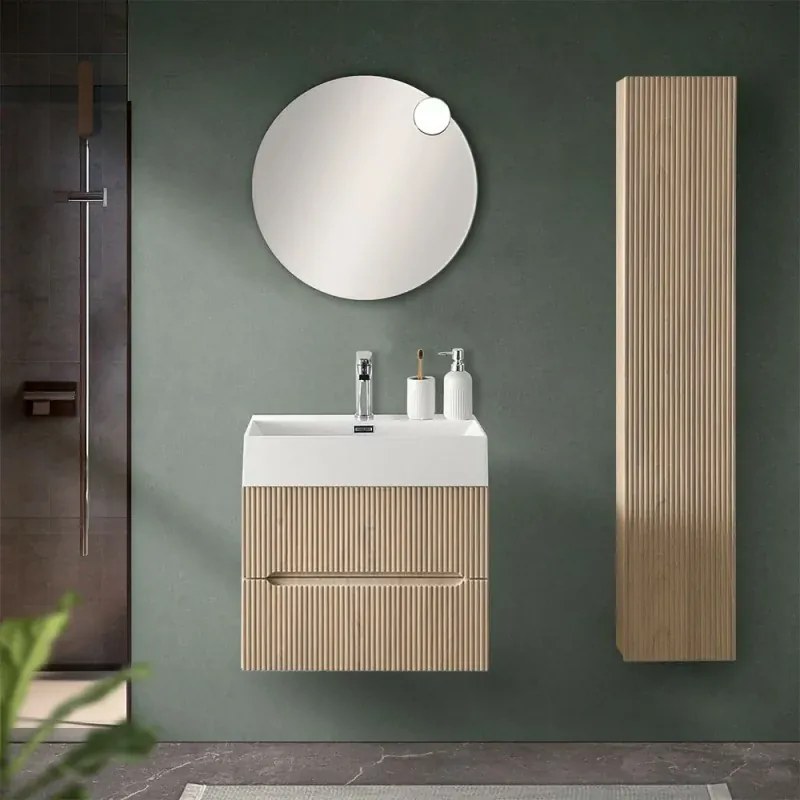 Mobile bagno sospeso cannettato 60 cm rovere chiaro con specchio Bali