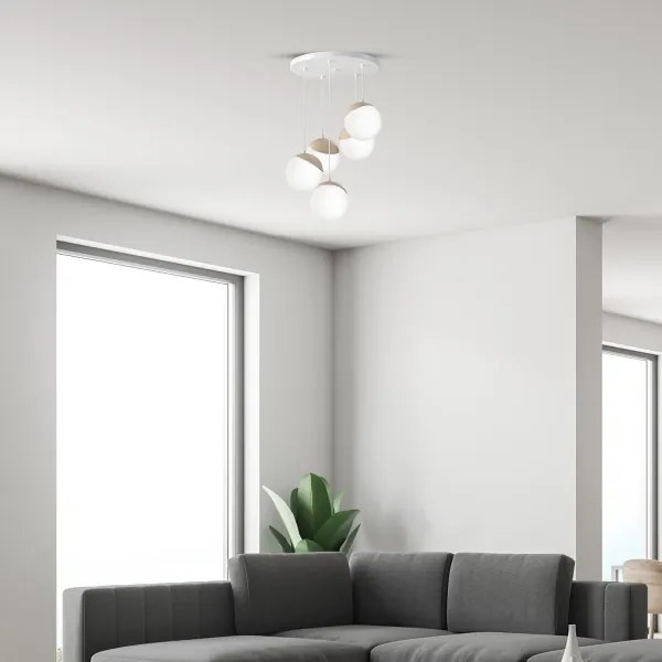 Lampadario a sospensione con filo SFERA WOOD 5xE14/40W/230V bianco