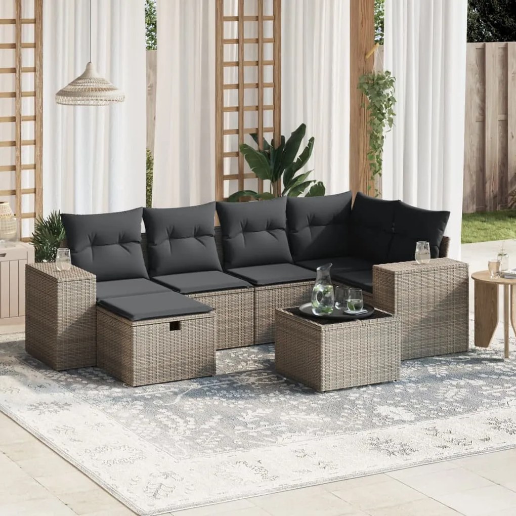 Set Divani da Giardino 7 pz con Cuscini Grigio in Polyrattan