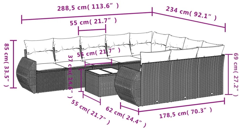 Set Divani da Giardino 11 pz con Cuscini in Polyrattan Nero