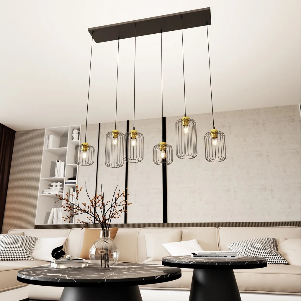 Sospensione Minimal Industrial Minerva 6 Luci Lineari Nera E Oro