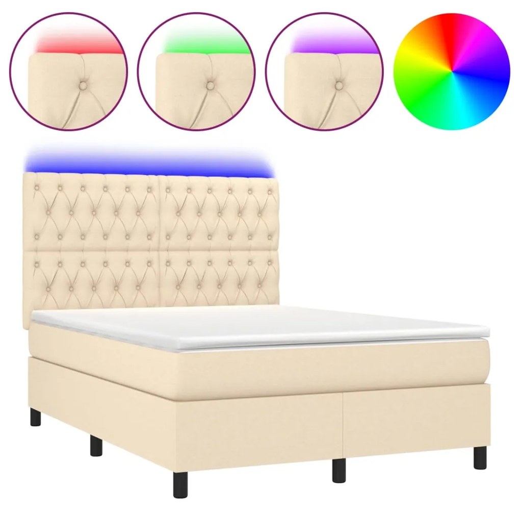 Letto a molle con materasso e led crema 140x200 cm in tessuto