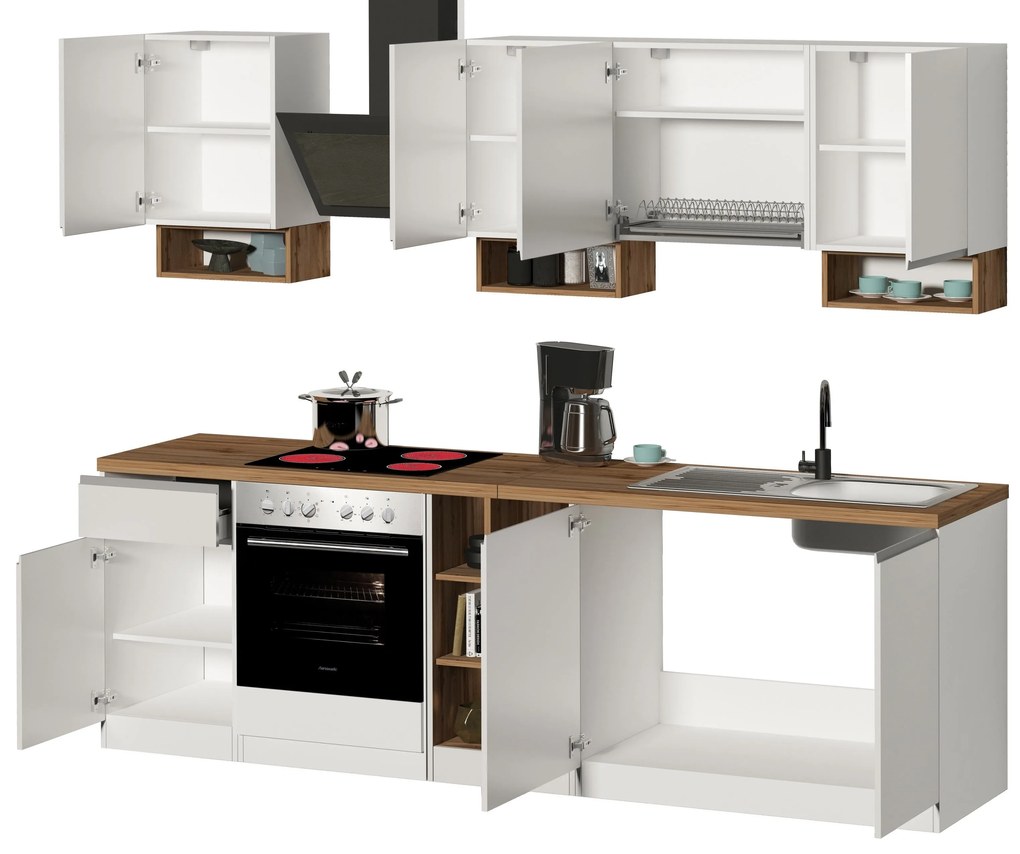 Cucina Lineare SOLE 256 cm - Bianco Lucido e Rovere, Design Moderno Made in Italy