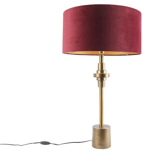 Lampada da tavolo Art Déco in bronzo con paralume in velluto rosso 50 cm - Diverso