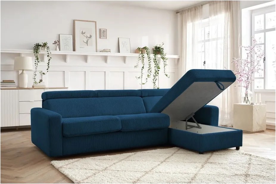 Divano angolare in blu scuro allungabile (con composizione variabile) con rivestimento in velluto a coste Monaco – Bobochic Paris