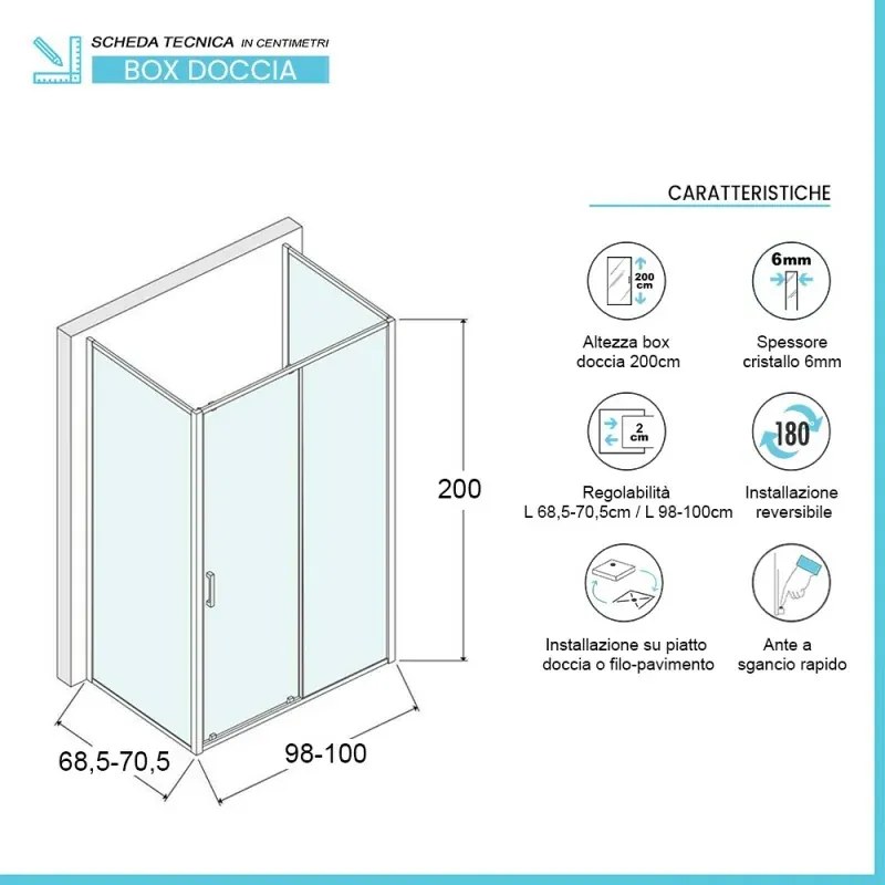 Box doccia 70x100x70 cm con porta scorrevole serigrafata H 200 cm Ted
