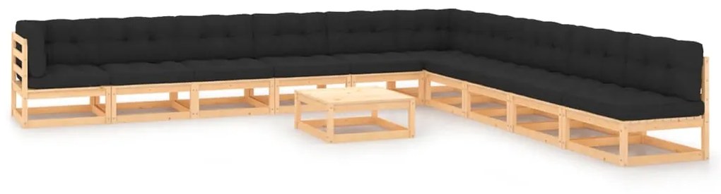 Set Salotto Giardino 11pz Cuscini Antracite Legno Massello Pino