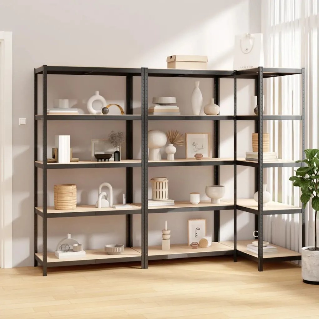 Mensole 5 Strati 3 Pz Antracite İn Acciaio E Legno Multistrato /
