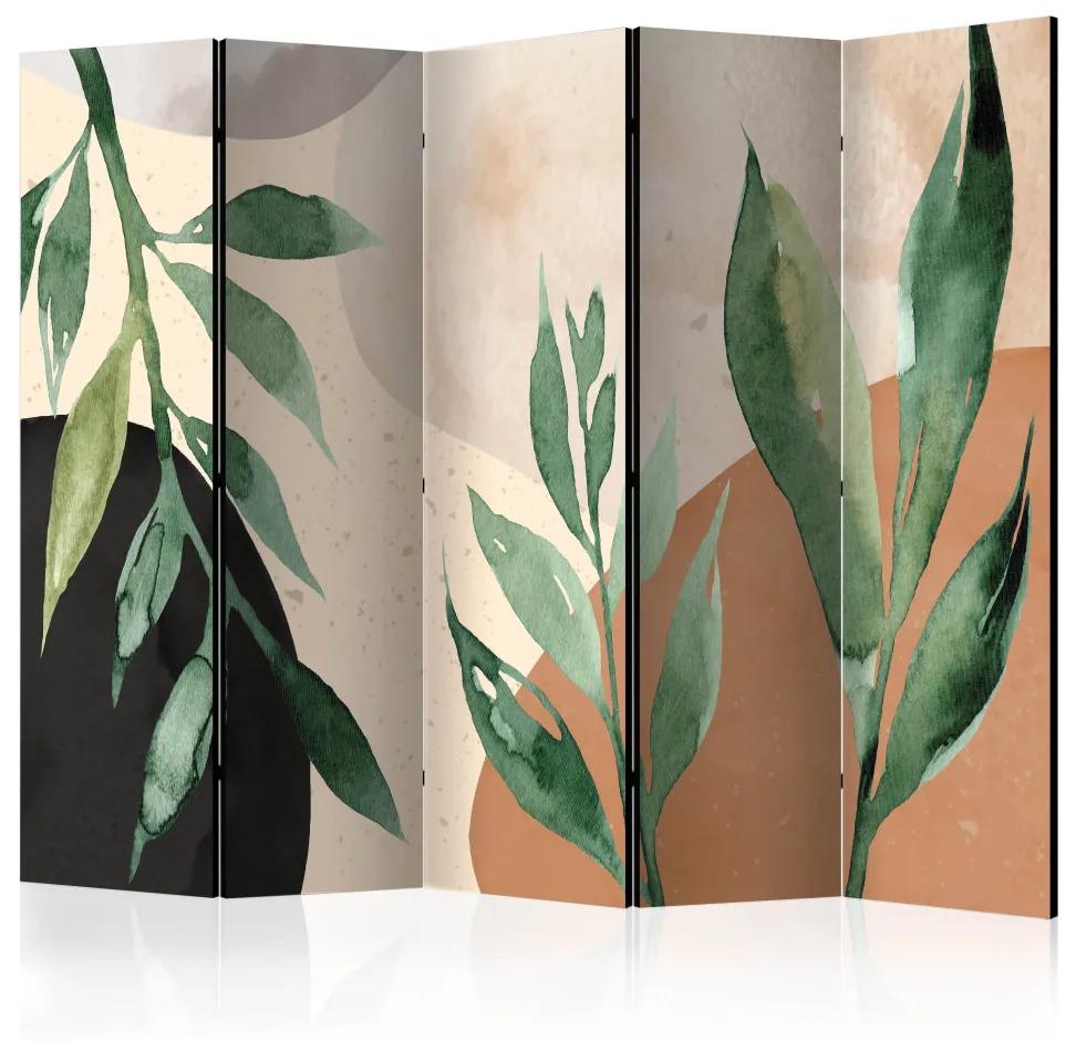 Paravento Armonia della natura II (5 pezzi) - foglie verdi su toni caldi