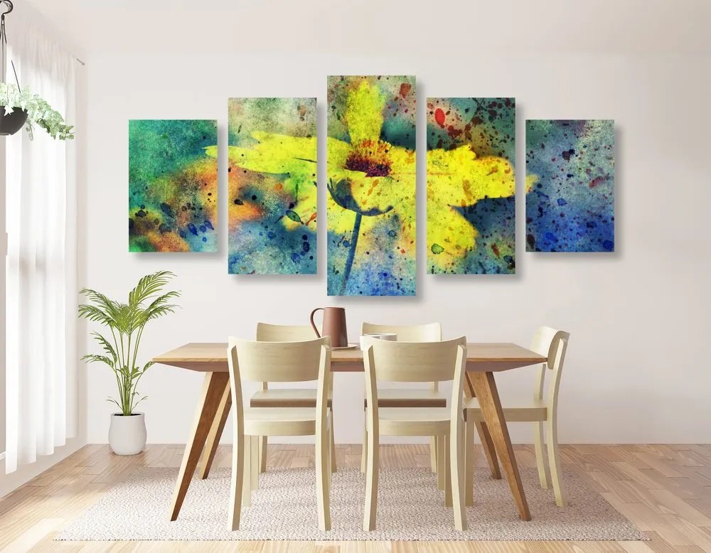 Quadri 5 pezzi – Fiore giallo con tocco vintage