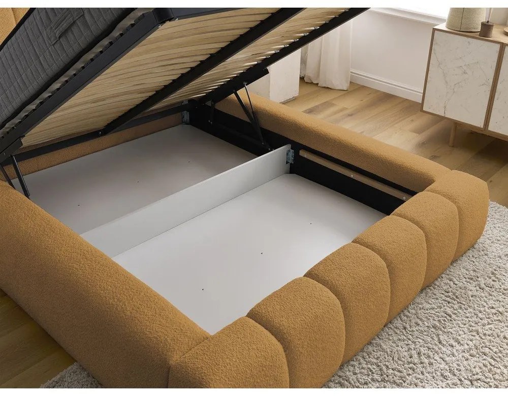 Letto matrimoniale imbottito color senape contenitore e rete inclusi 160x200 cm Denali - Bobochic Paris