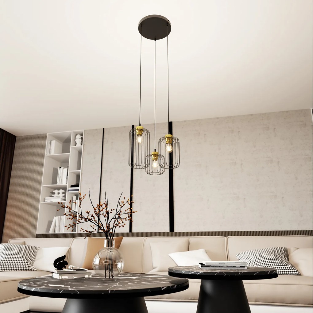Sospensione Minimal Industrial Minerva 3 Luci Tonda Nera E Oro