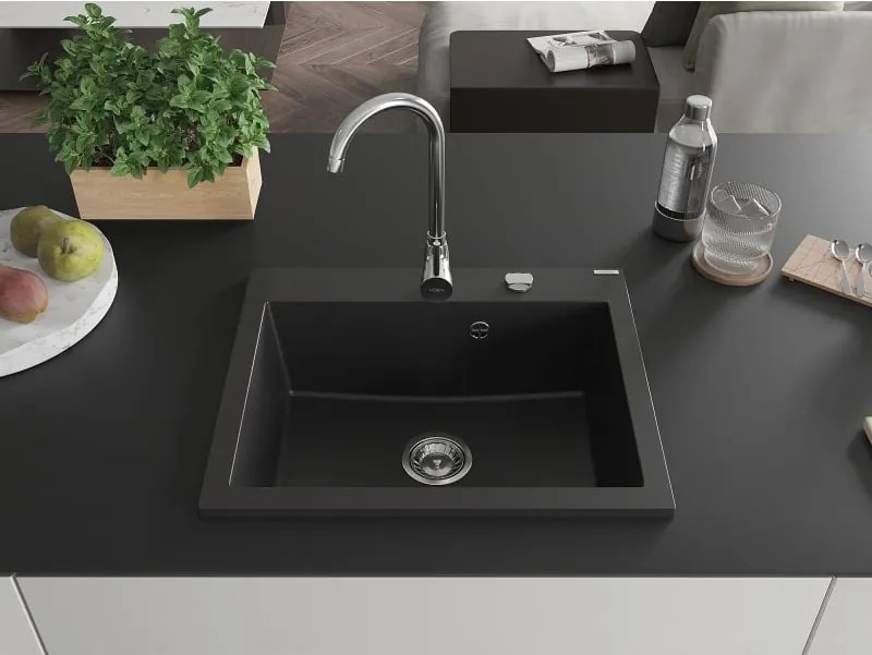 Mexen Elix lavello in granito a 1 vasca 600 x 500 mm, nero, sifone cromato - 6525601005-77